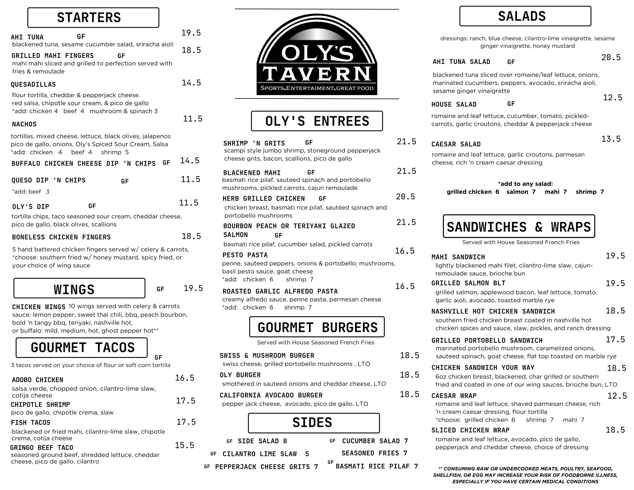 Menu at Oly's Tavern